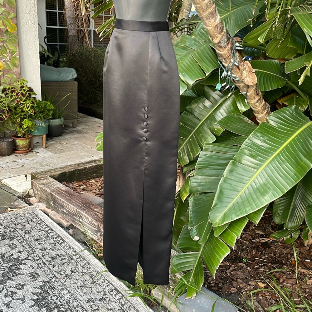 Alex evenings, satin column maxi skirt with front slit and covered buttons